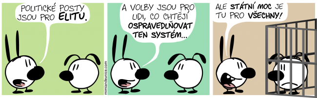 Politické posty jsou tu pro elitu. Volby jsou tu pro ty, kdo chtějí legitimizovat systém. Ale státní moc je tu pro všechny! 